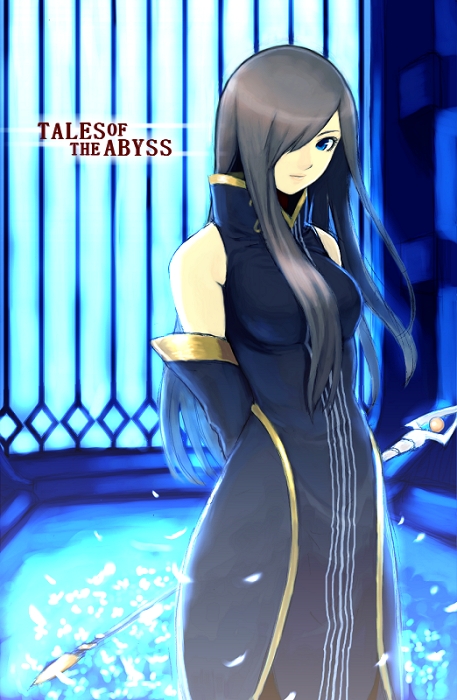 k+, tear grants, tales of (series), tales of the abyss, 00s, blue eyes, brown hair, copyright name, detached sleeves, long hair, solo, wand