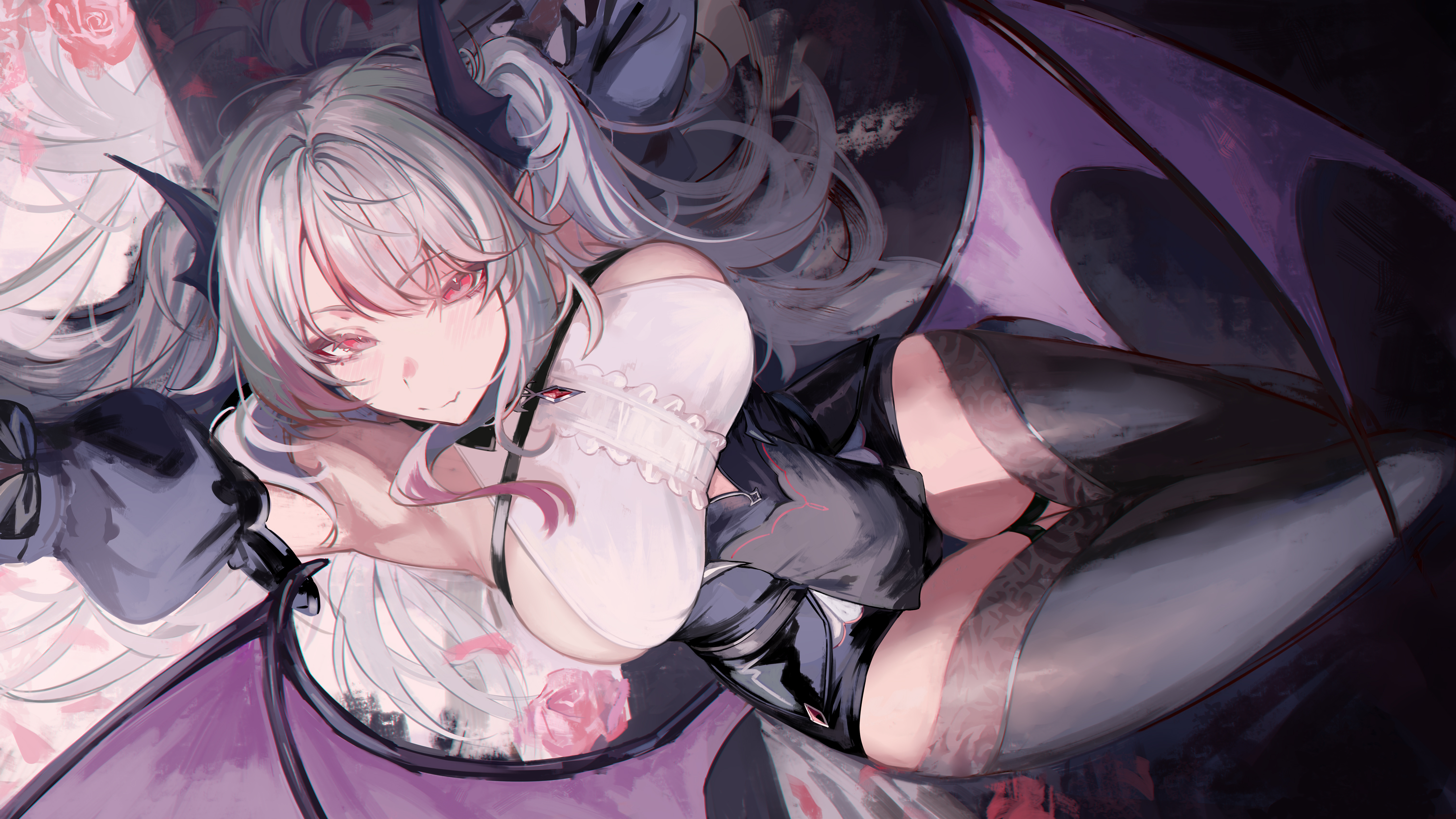 naokomama, kou mariya, v4mirai, commentary, highres, 1girl, arm up, armpits, bare shoulders, black shoes, black thighhighs, breasts, closed mouth, demon girl, demon horns, demon wings, grey hair, horns, large breasts, long hair, looking at viewer, navel, purple wings, shirt, shoes, sideboob, smile, solo, stomach, thighhighs, thighs, two side up, virtual youtuber, white shirt, wings