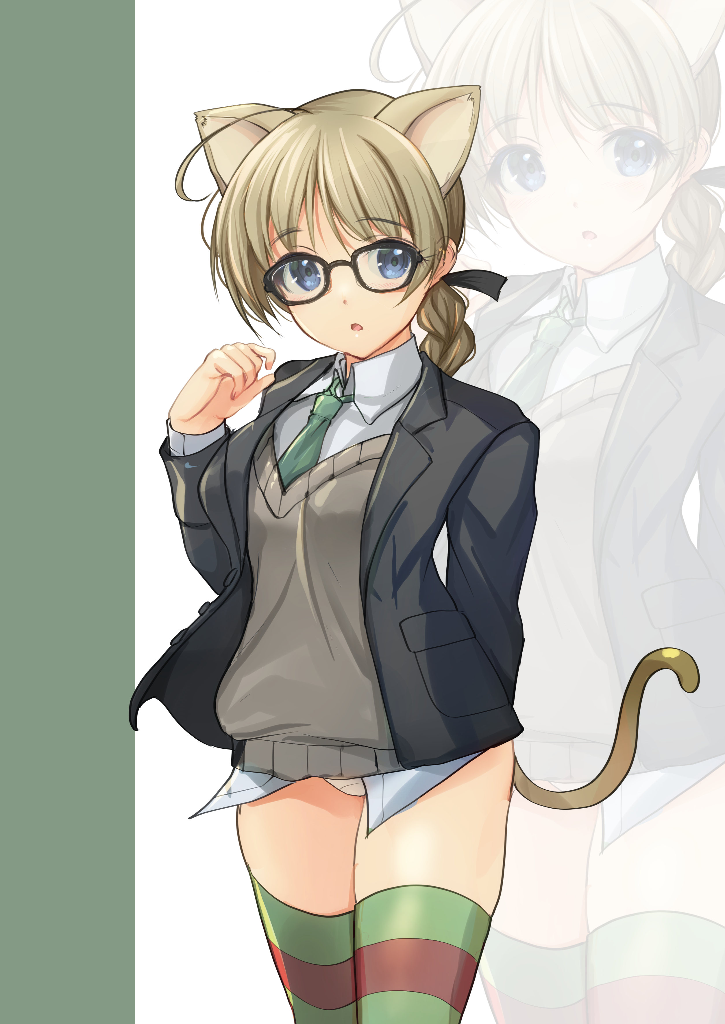 yashin (yasinz), lynette bishop, strike witches, world witches series, absurdres, commentary request, highres, 1girl, ahoge, animal ears, bespectacled, black jacket, blazer, blue eyes, braid, brown hair, cat ears, cat tail, collared shirt, dress shirt, glasses, green neckerchief, green thighhighs, grey sweater, jacket, multicolored thighhighs, neckerchief, panties, shirt, shirt under sweater, single braid, solo, sweater, tail, thighhighs, underwear, white panties, white shirt, zoom layer