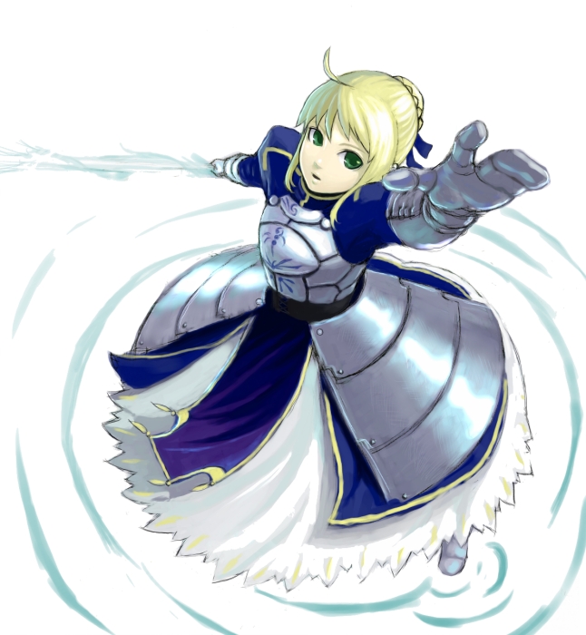 k+, artoria pendragon (fate), saber (fate), fate/stay night, fate (series), 00s, armor, blonde hair, green eyes, solo, sword, weapon