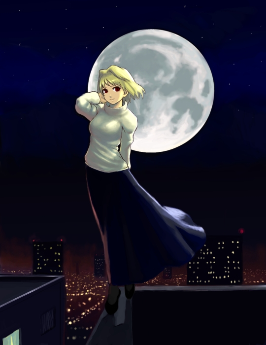 k+, arcueid brunestud, tsukihime, 00s, blonde hair, full moon, moon, red eyes, sweater