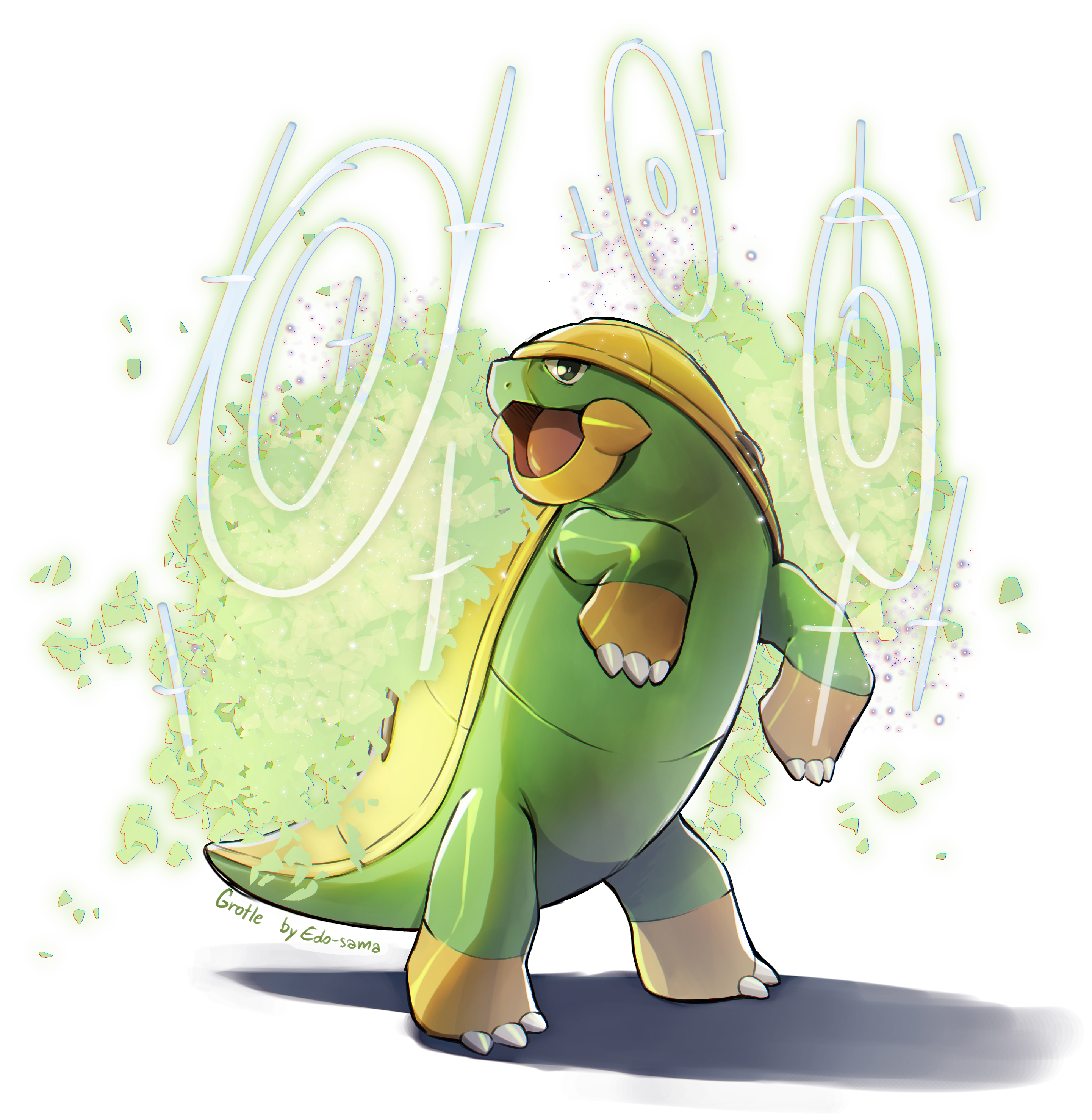 edo-sama, grotle, nintendo, pokemon, absurdres, highres, artist name, character name, gen 4 pokemon, glowing, no humans, open mouth, pokemon (creature), solo