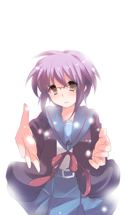 kurohara yuu, nagato yuki, suzumiya haruhi no yuuutsu, 00s, glasses, school uniform, serafuku