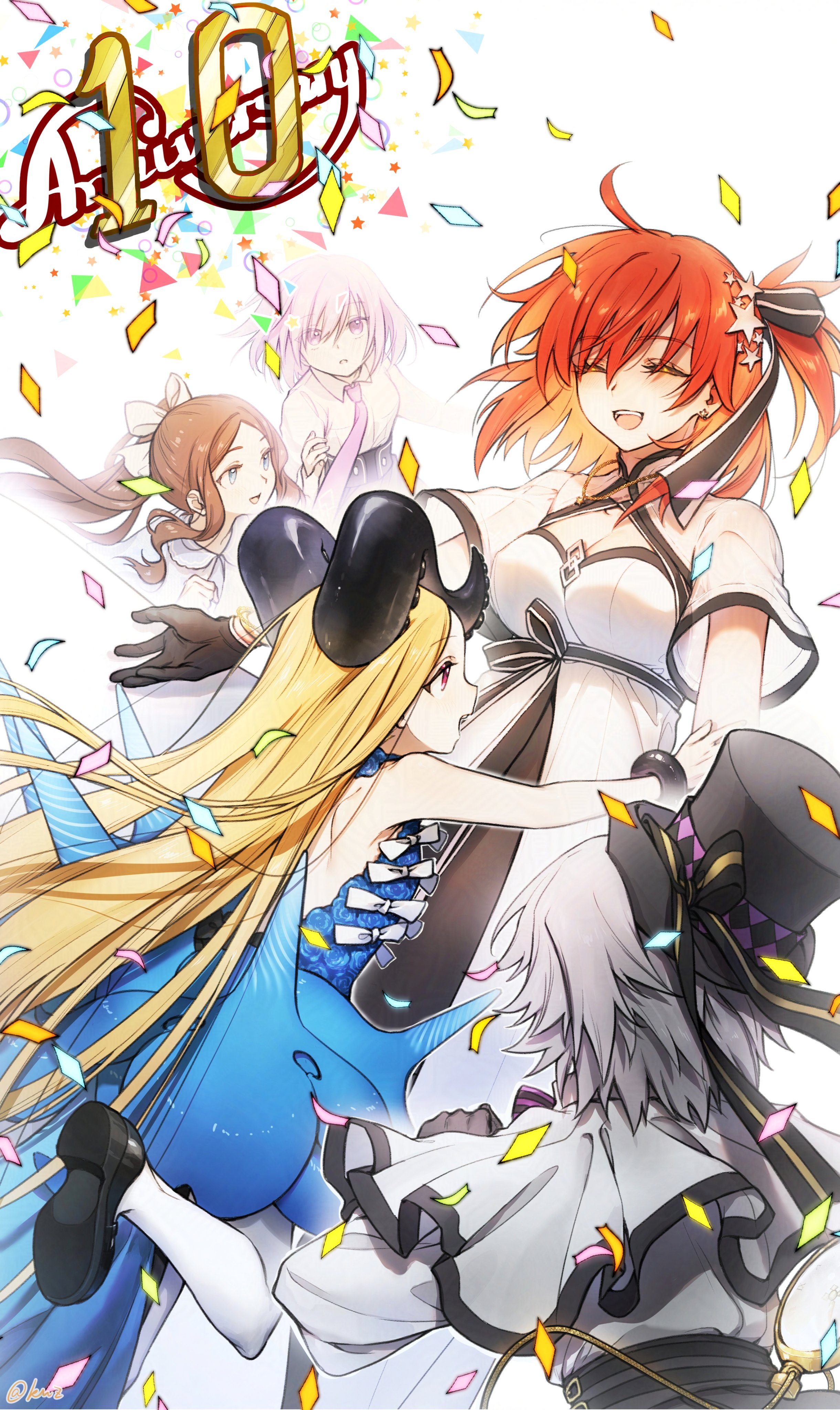 lix 118, abigail williams (celebratory attire) (fate), abigail williams (fate), fujimaru ritsuka (female), jack the ripper (fate/apocrypha), leonardo da vinci (fate), leonardo da vinci (fate/grand order), leonardo da vinci (rider) (fate), mash kyrielight, fate/grand order, fate (series), absurdres, highres, 5girls, ahoge, anniversary, blonde hair, blue dress, blue eyes, brown hair, confetti, dress, hair ornament, hair over one eye, hair ribbon, hat, horns, imminent hug, long hair, multiple girls, necktie, orange hair, pink hair, ponytail, red eyes, ribbon, shirt, short hair, smile, tentacles, top hat, white hair