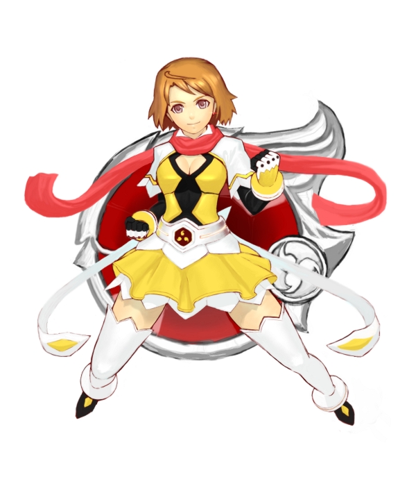 k+, tokiha mai, my-hime, my-otome, 00s, 1girl, brown hair, cleavage cutout, clothing cutout, dkirt, elbow gloves, female focus, gloves, red scarf, scarf, skirt, solo, thighhighs, white thighhighs