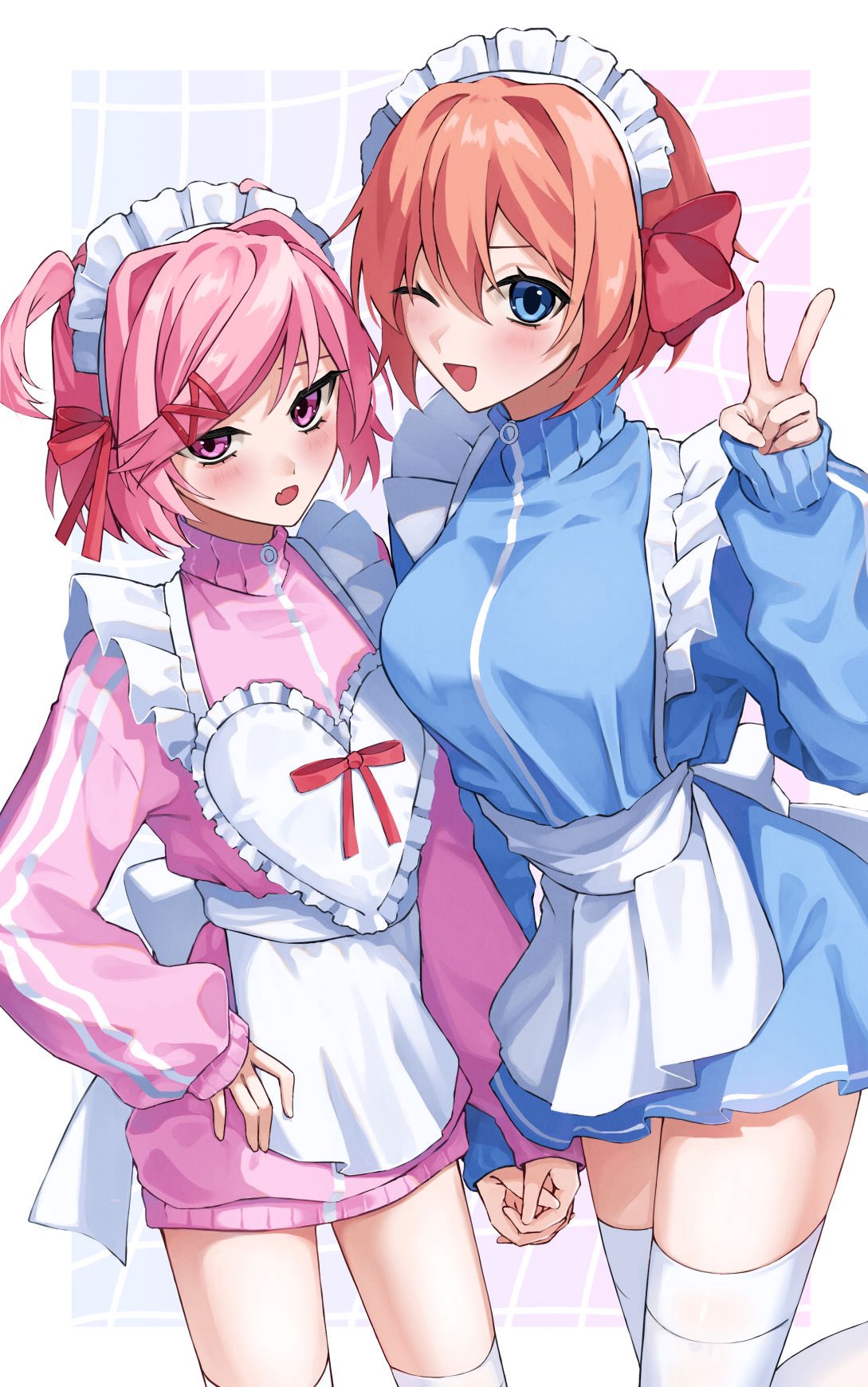 geppei, natsuki (doki doki literature club), sayori (doki doki literature club), doki doki literature club, commentary request, highres, 2girls, ;d, apron, blue eyes, breasts, cowboy shot, fang, hair ribbon, jersey maid, long sleeves, looking at viewer, maid, maid apron, maid headdress, multiple girls, one eye closed, open mouth, orange hair, pink eyes, pink hair, red ribbon, ribbon, simple background, skin fang, smile, thighhighs, unconventional maid, white thighhighs