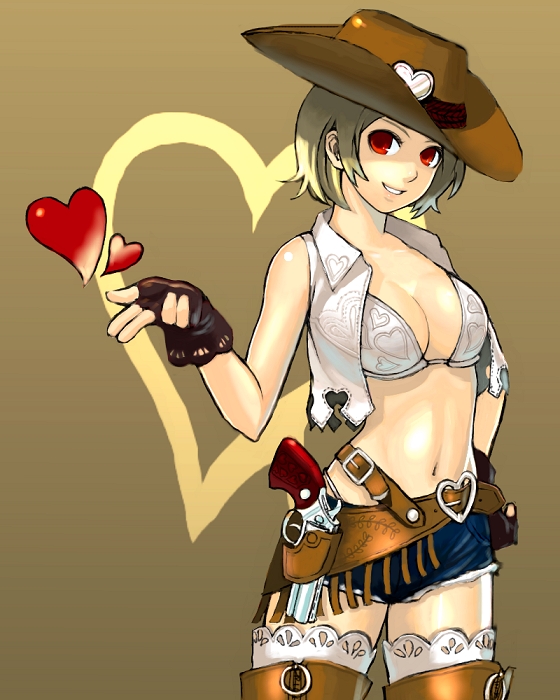 k+, 1girl, breasts, cleavage, cowboy hat, cowboy shot, cowboy western, cutoffs, denim, denim shorts, female focus, fingerless gloves, fringe trim, gloves, gun, handgun, hat, heart, holster, large breasts, open clothes, open shirt, red eyes, revolver, shirt, short shorts, shorts, solo, thighhighs, weapon