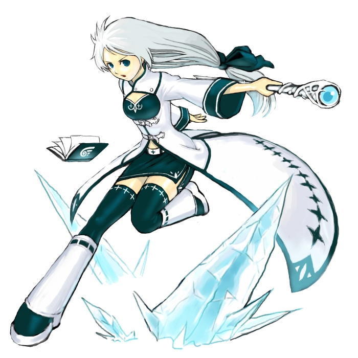 k+, blue eyes, book, icicle, magician, ponytail, solo, thighhighs, wand, white hair