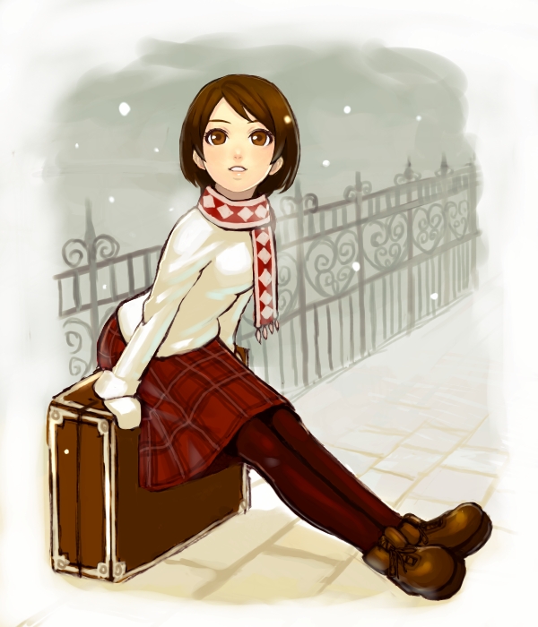 k+, brown eyes, brown hair, mittens, pantyhose, scarf, snow, solo, suitcase, sweater, thighhighs, white mittens