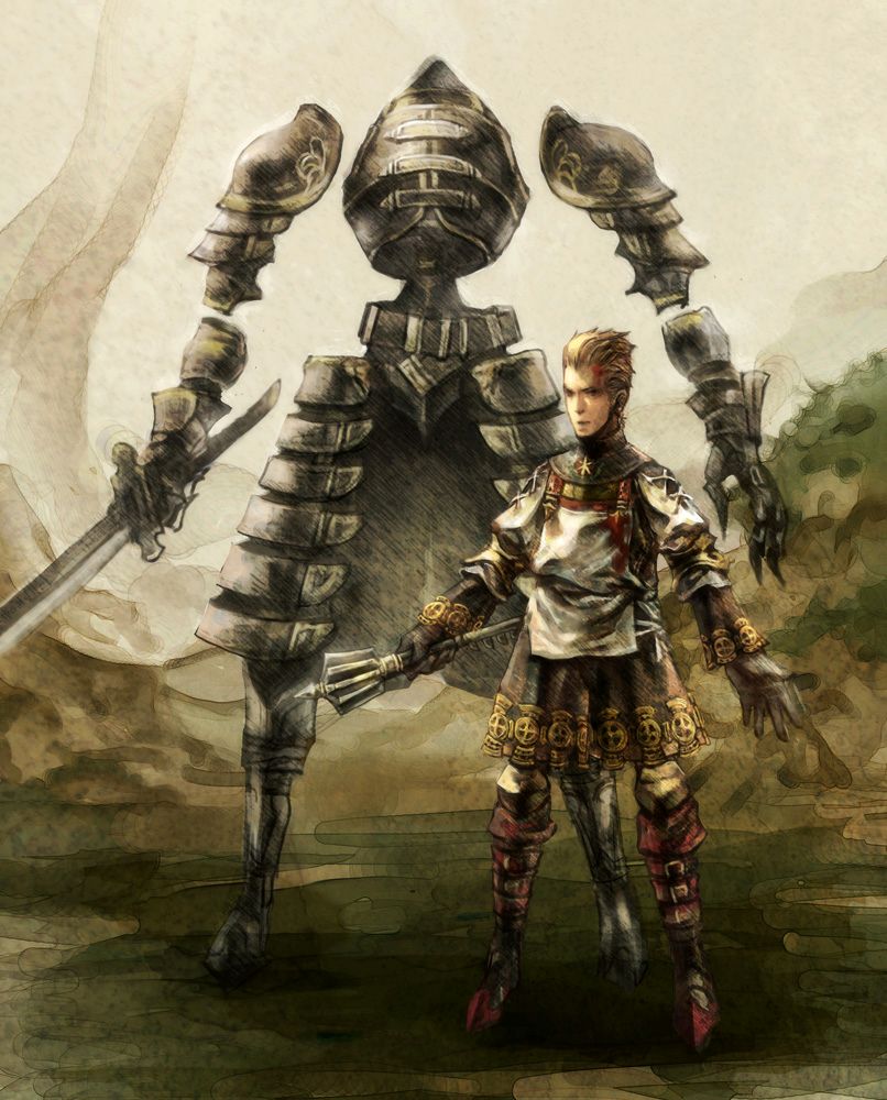watanabe minoru, grissom, vagrant story, 1boy, armor, blonde hair, gloves, mace, male focus, mecha, robot, solo, standing, sword, weapon