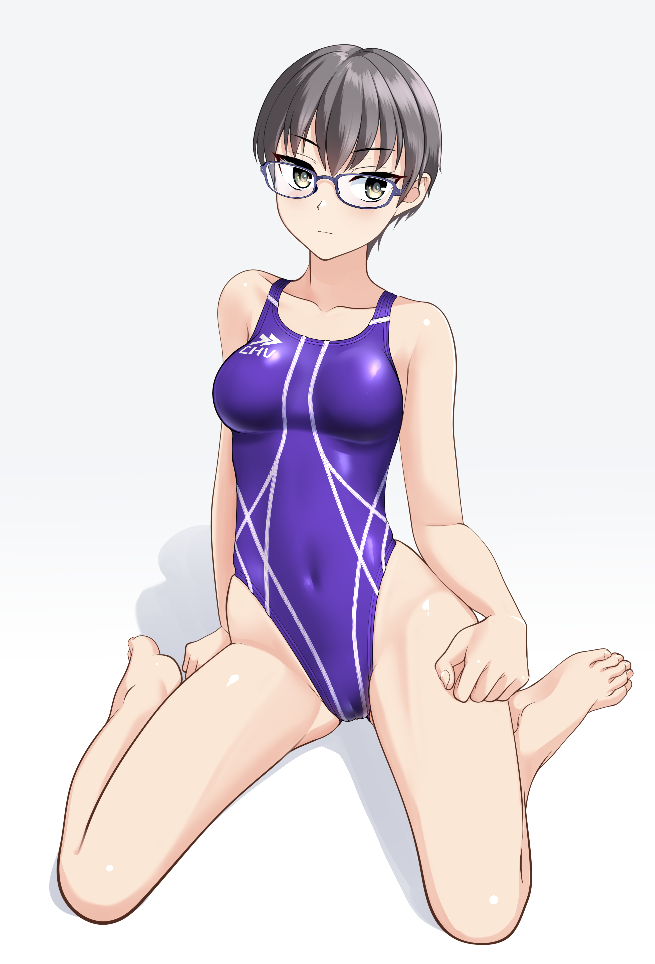 takafumi, original, absurdres, commentary request, highres, variant set, 1girl, barefoot, breasts, brown eyes, competition swimsuit, covered navel, glasses, grey hair, highleg, highleg one-piece swimsuit, medium breasts, multicolored swimsuit, one-piece swimsuit, purple one-piece swimsuit, short hair, simple background, solo, swimsuit, white background