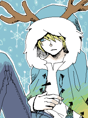 edda, bemani, pop'n music, lowres, 1boy, antlers, coat, denim, fur trim, hand on own stomach, horns, jeans, long sleeves, male focus, pants, popin music 16, snowflakes, solo, unbuttoned, winter clothes, winter coat