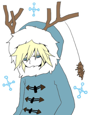 edda, bemani, pop'n music, hooded, lowres, 1boy, antlers, blonde hair, blue eyes, coat, duffel coat, expressionless, fur trim, horns, long sleeves, looking down, male focus, popin music 16, sad, simple background, solo, spiked hair, white background, winter clothes, winter coat