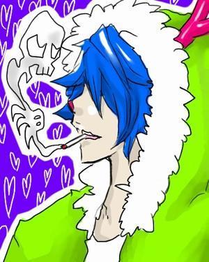 edda, bemani, pop'n music, lowres, 1boy, alternate color, antlers, cigarette, horns, jacket, male focus, skull, smoke, solo