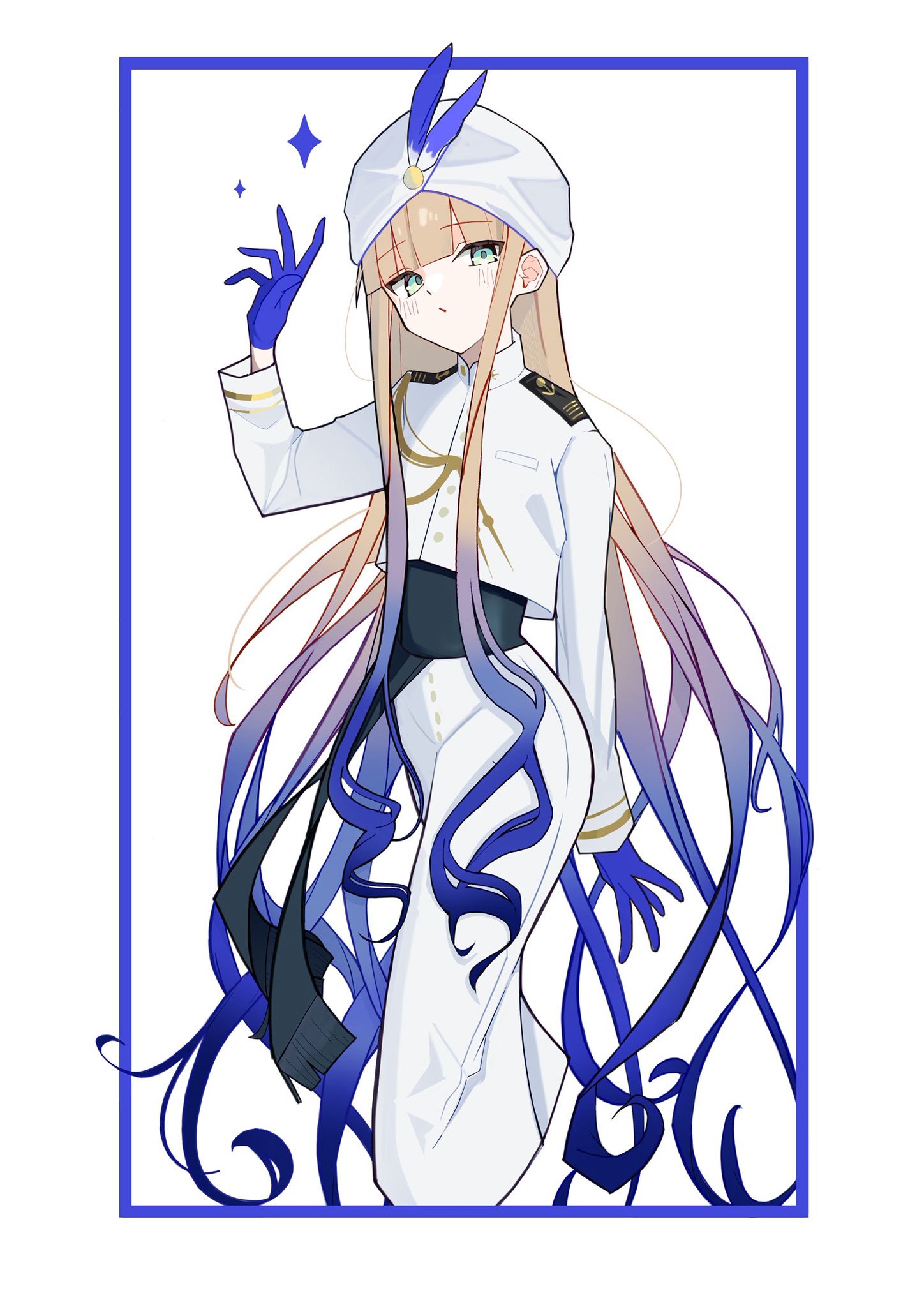 matemate778, captain nemo (fate), nemo (fate), fate/grand order, fate (series), highres, 1boy, aiguillette, blonde hair, blue hair, feet out of frame, gloves, gradient hair, green eyes, hat, hat feather, jacket, long hair, long sleeves, looking at viewer, male focus, military uniform, multicolored hair, naval uniform, simple background, solo, turban, very long hair, white background, white turban
