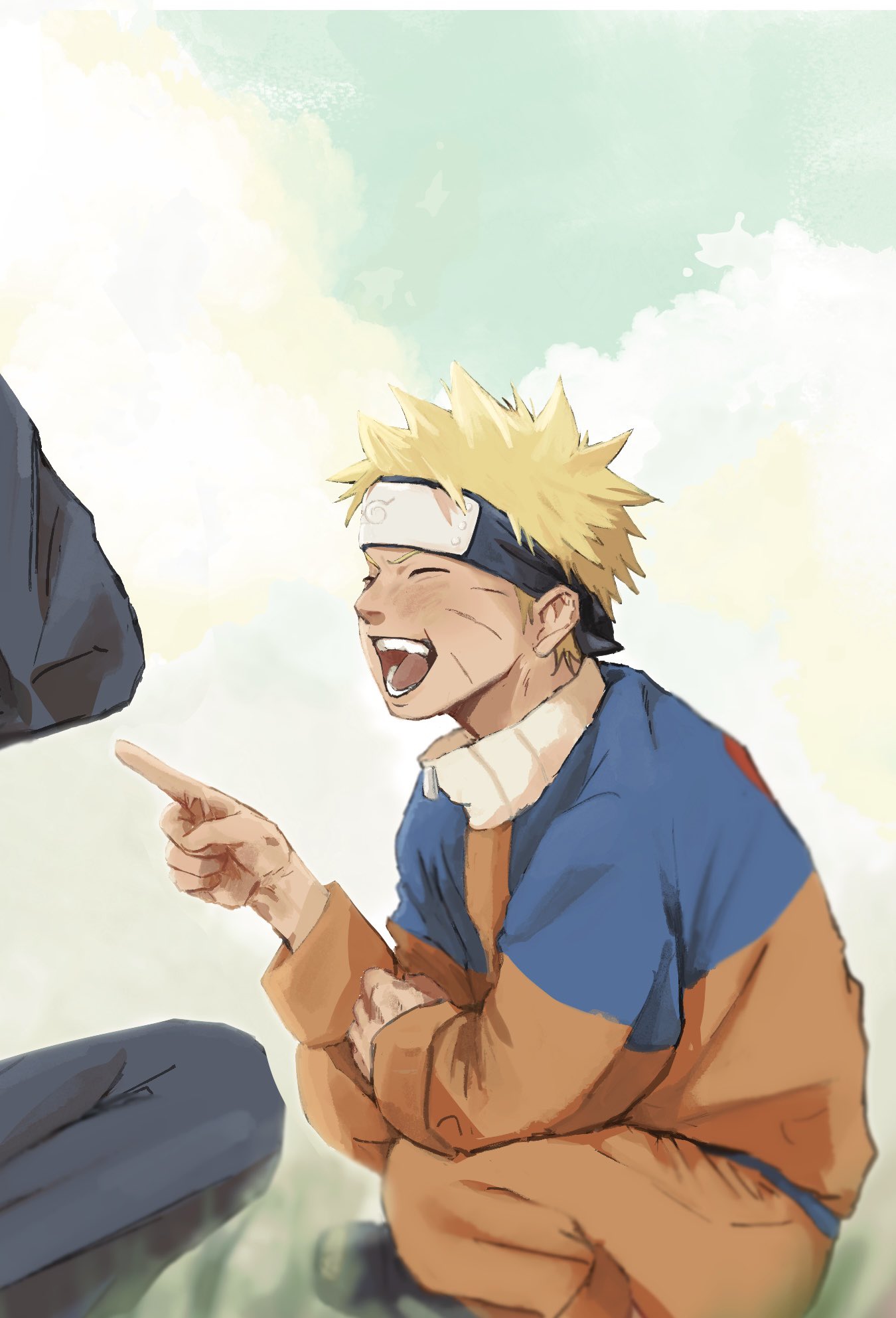 hatake kakashi, uzumaki naruto, naruto (classic), naruto (series), highres, 2boys, blonde hair, closed eyes, facial mark, forehead protector, jacket, multiple boys, open mouth, orange jacket, orange pants, pants, pointing, short hair, social media composition, solo focus, spiked hair, toneanpo, whisker markings