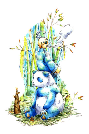 bookman, d.gray-man, tagme, 00s, male focus, panda, sitting, smoking, solo