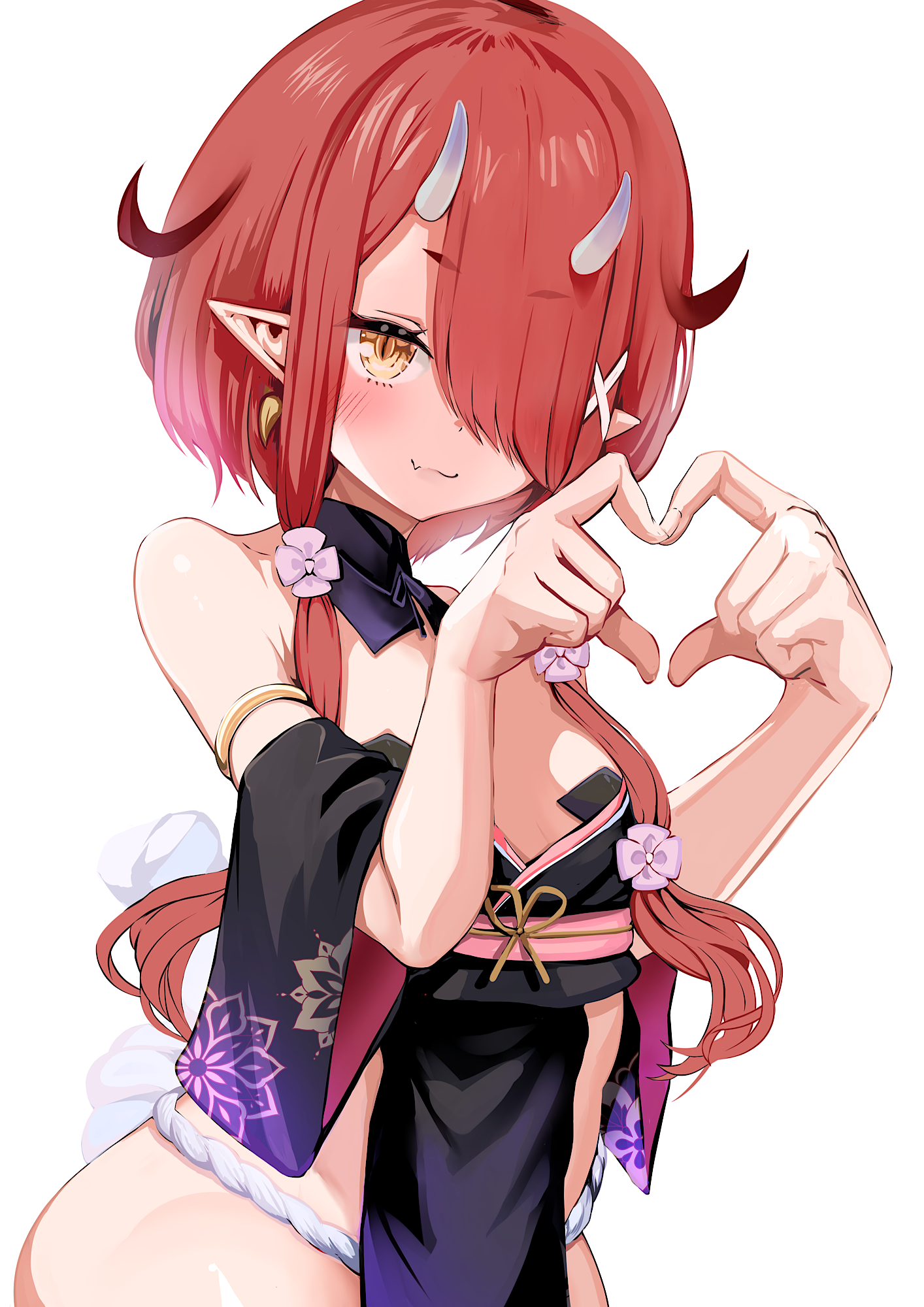 kajimakoto, hoozuki warabe, noripro, commentary request, highres, paid reward available, variant set, 1girl, bare shoulders, blush, closed mouth, cowboy shot, fang, fang out, hair ornament, hair over one eye, hair over shoulder, heart, heart hands, horns, japanese clothes, long hair, looking at viewer, one eye covered, oni, pasties, pointy ears, red eyes, red hair, short hair with long locks, simple background, skin fang, smile, solo, virtual youtuber, white background, x hair ornament, yellow eyes