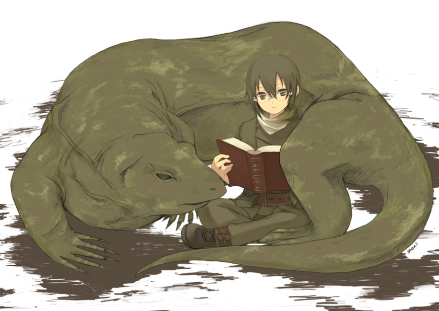 moai (aoh), kino (kino no tabi), kino no tabi, bad id, bad pixiv id, 00s, 1girl, androgynous, belt, bespectacled, book, boots, brown boots, female focus, glasses, green eyes, green hair, indian style, lizard, matching hair/eyes, open book, pouch, reading, reverse trap, scarf, short hair, sitting, solo