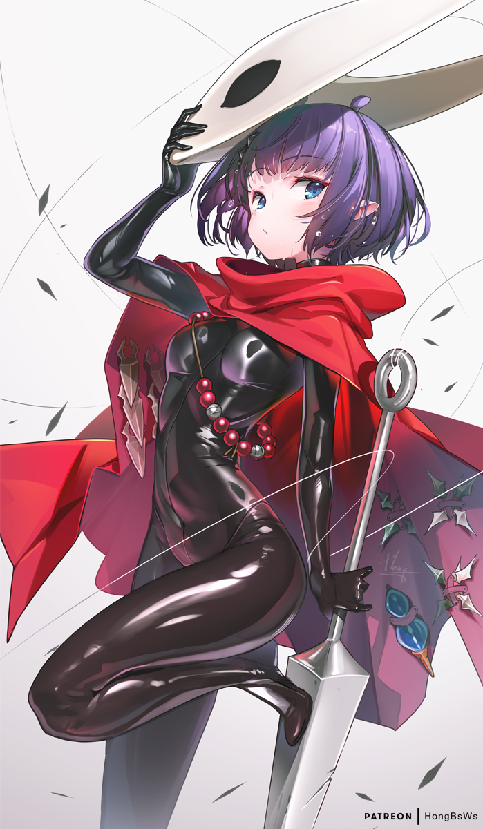 hong (white spider), hornet (hollow knight), ninomae ina'nis, hollow knight, hollow knight: silksong, hololive, hololive english, highres, 1girl, cape, closed mouth, cosplay, holding, holding weapon, hornet (hollow knight) (cosplay), looking at viewer, purple hair, red cape, short hair, solo, virtual youtuber, weapon