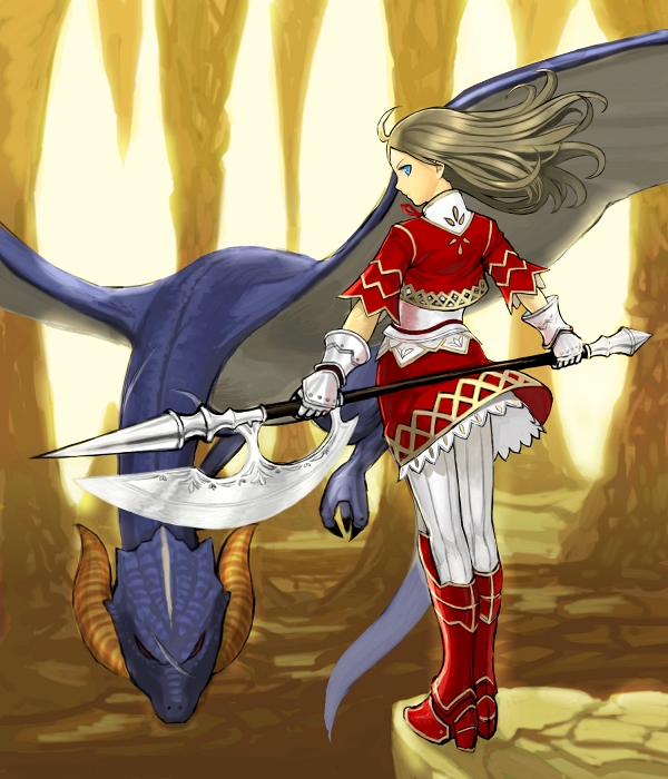 k+, 1girl, axe, blue eyes, boots, dragon, female focus, gauntlets, halberd, pantyhose, polearm, solo, warrior, weapon