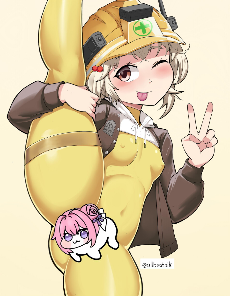 allbeatnik, doro (nikke), goddess of victory: nikke, blonde hair, bodysuit, brown eyes, helmet, jacket, smile, yellow bodysuit