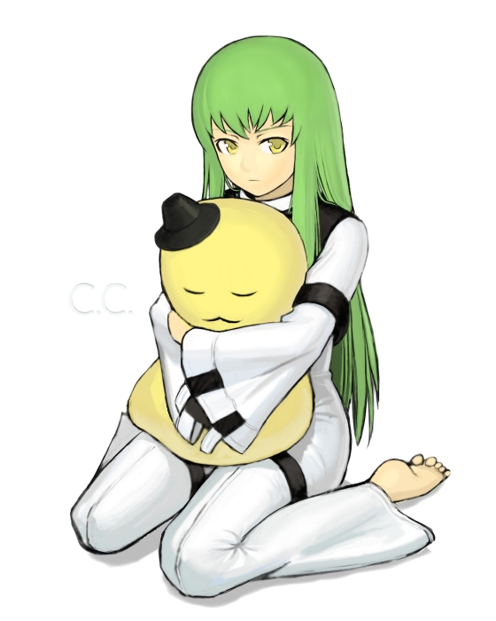 k+, c.c., cheese-kun, code geass, pizza hut, 00s, 1girl, barefoot, female focus, green hair, solo, yellow eyes