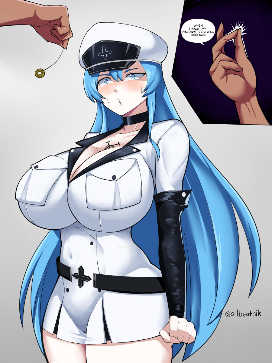 allbeatnik, esdeath, blue eyes, blue hair, dark-skinned male, dark skin, hat, hypnosis, mind control, shirt, tattoo, white shirt