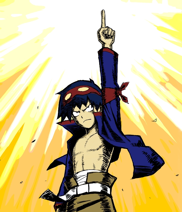 k+, simon (ttgl), tengen toppa gurren lagann, 00s, 1boy, blue hair, goggles, goggles on head, male focus, open clothes, open shirt, pointing, shirt, solo, yellow background