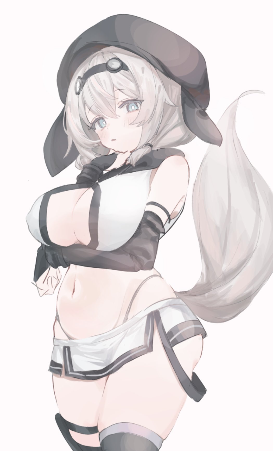 yorky (0614yorky), voicevox, commentary request, highres, 1girl, arm under breasts, black hat, black panties, black thighhighs, blue eyes, blush, breasts, center opening, crop top, detached sleeves, goggles, goggles on head, grey hair, hat, highleg, highleg panties, large breasts, low twintails, microskirt, mochiko-san (voicevox), navel, newsboy cap, panties, parted lips, short twintails, simple background, skindentation, skirt, sleeveless, solo, stomach, tail, thigh strap, thighhighs, twintails, underwear, white skirt
