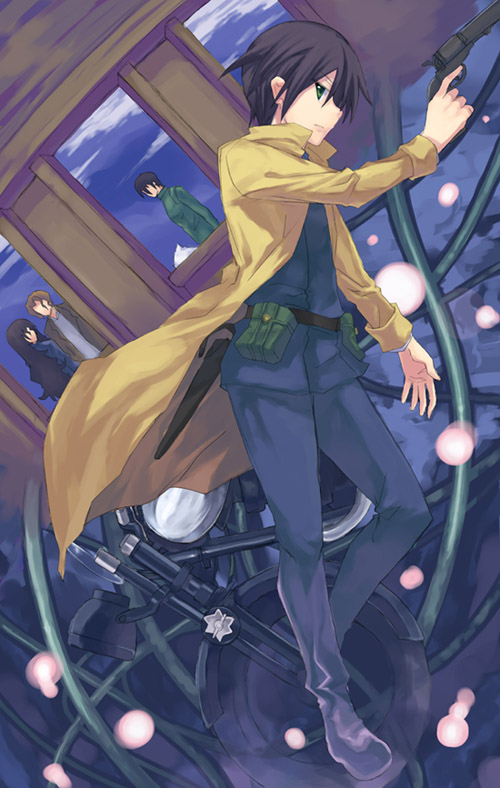 regu (reg95), hermes (kino no tabi), kino (kino no tabi), riku (kino no tabi), shizu (kino no tabi), kino no tabi, vehicle, 00s, 2boys, 2girls, androgynous, belt, black hair, coat, green eyes, gun, handgun, holster, looking back, motor vehicle, motorcycle, multiple boys, multiple girls, reverse trap, revolver, short hair, weapon, window