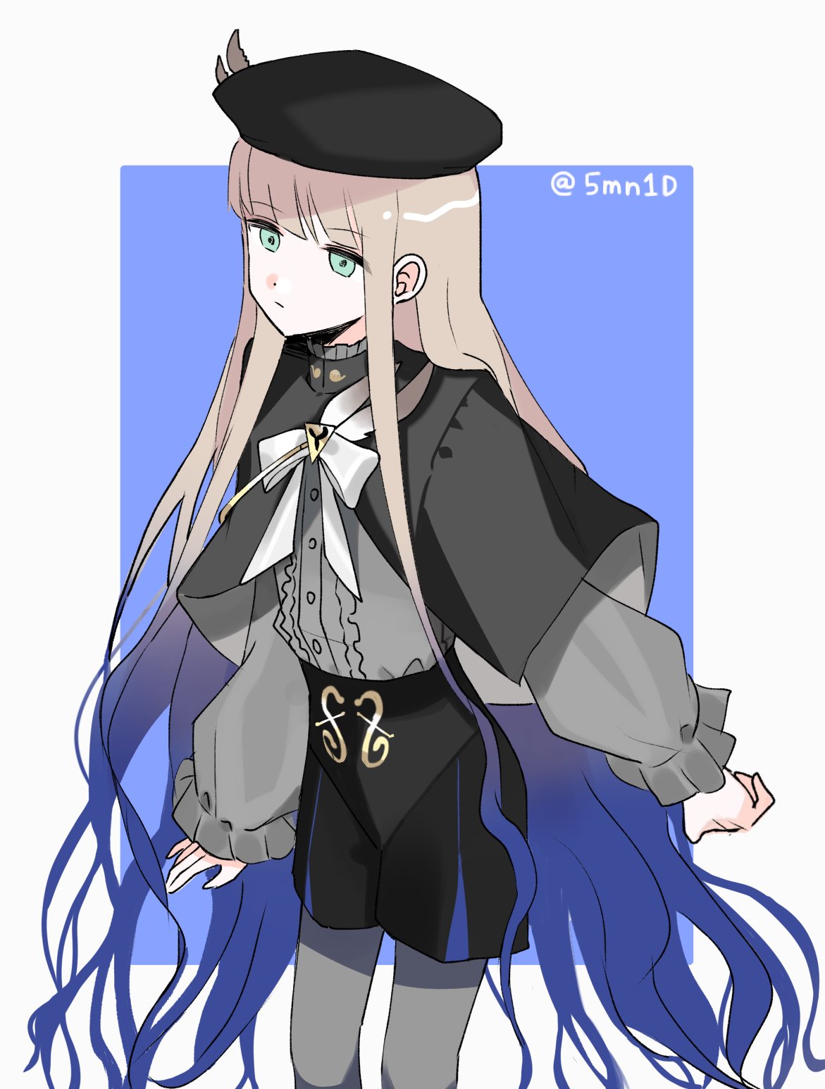fate/grand order, fate (series), highres, 1boy, beret, black capelet, black hat, black shorts, blonde hair, blue background, blue hair, bow, capelet, feet out of frame, frilled shirt, frills, gradient hair, green eyes, grey shirt, hat, high-waist shorts, long hair, long sleeves, looking at viewer, male focus, multicolored hair, noah (second ascension) (fate/grand order), pantyhose, puffy sleeves, ribo (5mn1d), shirt, shorts, simple background, solo, very long hair, white bow