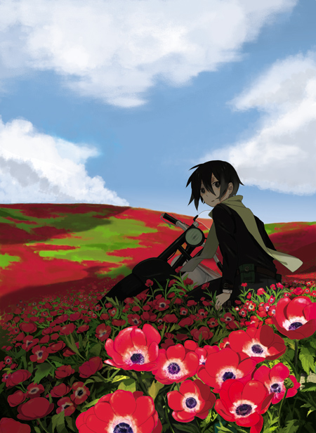 achi dyna, hermes (kino no tabi), kino (kino no tabi), kino no tabi, vehicle, bad id, bad pixiv id, 00s, 1girl, androgynous, cloud, coat, day, female focus, flower, motor vehicle, motorcycle, outdoors, reverse trap, short hair, sitting, sky, solo