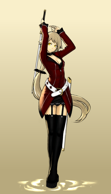 k+, original, 1girl, arms up, belt, black thighhighs, blonde hair, boots, breasts, cleavage, female focus, full body, garter belt, gradient background, long hair, ponytail, smile, solo, sword, thigh boots, thighhighs, very long hair, weapon, yellow eyes, zettai ryouiki