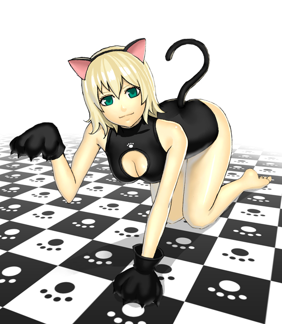 k+, original, 1girl, all fours, animal ears, animal hands, barefoot, blonde hair, breasts, cat ears, cat paws, cat tail, checkered floor, cleavage, cleavage cutout, clothing cutout, female focus, floor, green eyes, perspective, short hair, solo, tail