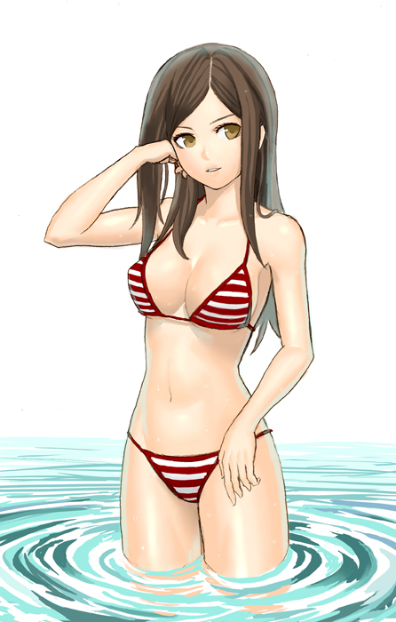 k+, original, 1girl, bikini, breasts, brown hair, female focus, hand in own hair, large breasts, long hair, parted bangs, ripples, solo, striped bikini, striped clothes, swimsuit, wading, water, yellow eyes
