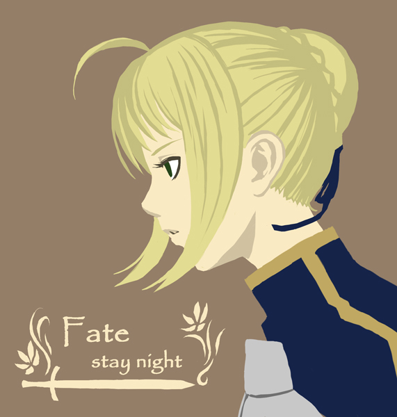 k+, artoria pendragon (fate), saber (fate), fate/stay night, fate (series), 00s, 1girl, ahoge, armor, blonde hair, blue ribbon, breastplate, brown background, copyright name, expressionless, female focus, from side, green eyes, hair bun, hair ribbon, no pupils, parted lips, profile, ribbon, short hair, sidelocks, simple background, single hair bun, solo, upper body