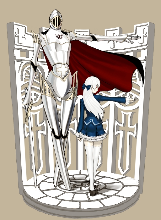 k+, armor, cape, long hair, ribbon, sword, thighhighs, weapon, white hair
