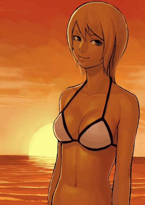 k+, original, 1girl, bikini, black eyes, blonde hair, female focus, ocean, short hair, solo, sunset, swimsuit