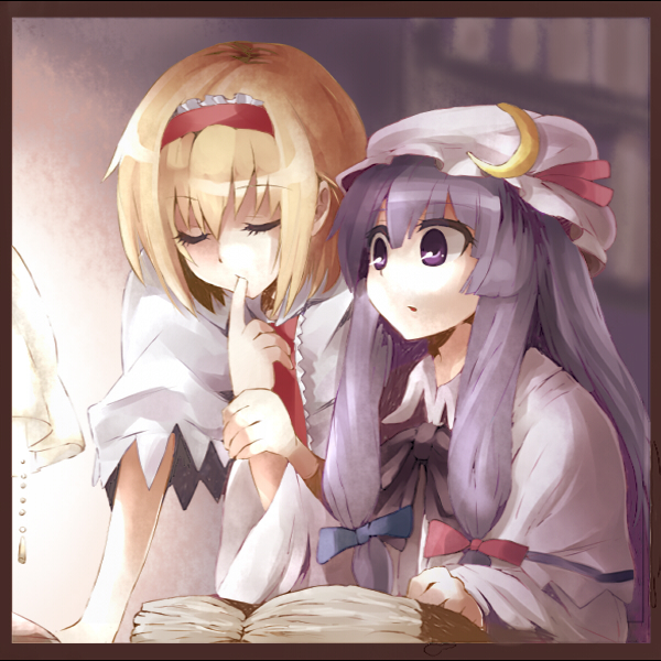 kiji (manekinuko-tei), alice margatroid, patchouli knowledge, touhou, finger in mouth, 2girls, blonde hair, book, closed eyes, female focus, finger sucking, hat, mob cap, multiple girls, purple eyes, purple hair