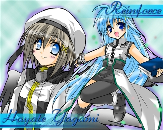 book of the azure sky, reinforce zwei, yagami hayate, lyrical nanoha, mahou shoujo lyrical nanoha, mahou shoujo lyrical nanoha strikers, 00s, 2girls, ahoge, alternate costume, asymmetrical clothes, asymmetrical legwear, black wings, blue eyes, blue hair, blush, book, brown hair, character name, fingerless gloves, gloves, hair ornament, hat, jacket, long hair, magical girl, mini person, minigirl, multiple girls, multiple wings, open clothes, open jacket, open mouth, single thighhigh, thighhighs, uneven legwear, unison (nanoha), waist cape, wings, x hair ornament
