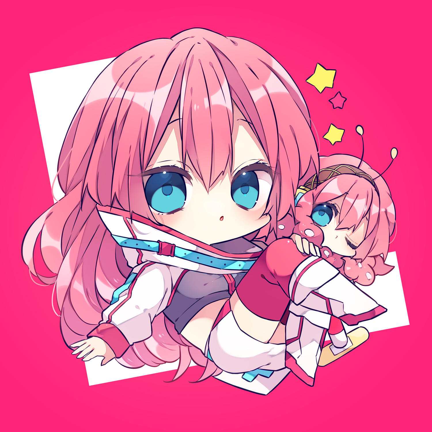 kaho 0102, megurine luka, takoluka, vocaloid, commentary request, highres, 1girl, bandaid, black jacket, blue eyes, boots, chibi, chibi only, crop top, cropped jacket, double-parted bangs, full body, hair between eyes, jacket, knee boots, long hair, long sleeves, looking at viewer, one eye closed, open mouth, pink background, pink hair, pink thighhighs, skirt, star (symbol), thighhighs, white boots, white skirt
