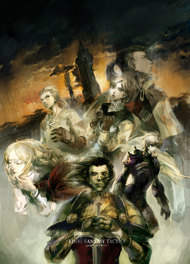 mos, alma beoulve, delita heiral, mustadio bunansa, orran durai, ovelia atkascha, ramza beoulve, final fantasy, final fantasy tactics, gaea studio, 2girls, 4boys, armor, backlighting, black eyes, black hair, blonde hair, blood, breastplate, brown eyes, brown gloves, brown hair, buckle, building, cape, closed eyes, closed mouth, copyright name, crying, expressionless, floating hair, gloves, grey eyes, grey shirt, hands on own chest, hands on own face, holding, holding sword, holding weapon, leather, leather gloves, lips, long hair, long sleeves, looking at viewer, looking up, low ponytail, multiple boys, multiple girls, pale skin, ponytail, profile, shirt, shoulder pads, shoulder spikes, spikes, sunlight, sword, tears, tower, upper body, weapon, white cape, wind