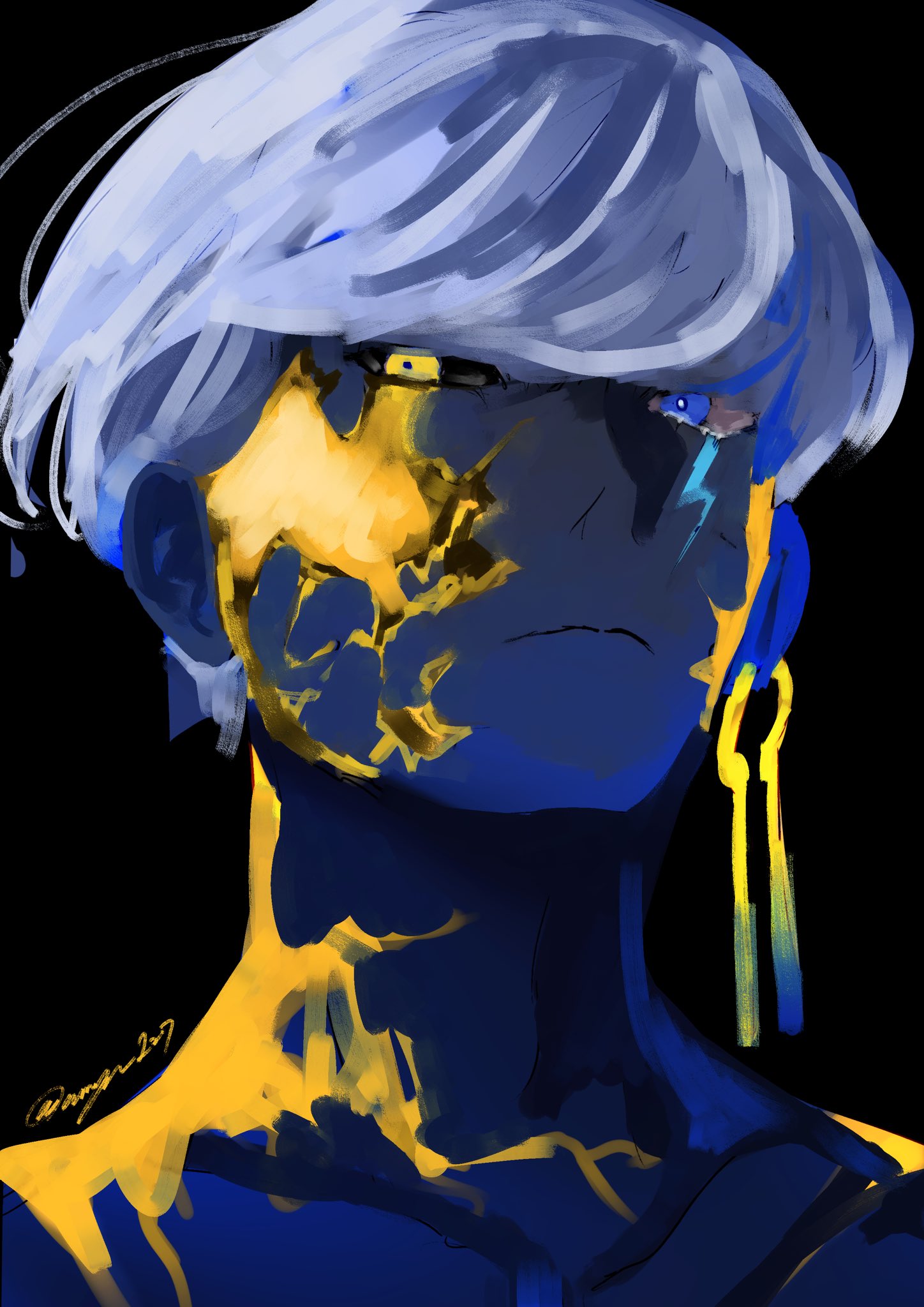 indra (fate), fate/grand order, fate (series), highres, 1boy, annzu 127, black background, black sclera, blue eyes, colored sclera, colored skin, cracked skin, dark-skinned male, dark skin, earrings, grey sclera, grey skin, heterochromia, jewelry, lightning bolt facial mark, looking at viewer, male focus, portrait, short hair, simple background, solo, yellow eyes