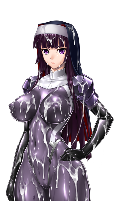 rindou (radical dream), kamori sayaka, original, game cg, large variant set, non-web source, variant set, 1girl, black hair, bodysuit, breasts, bukkake, cameltoe, covered erect nipples, cum, cum on body, cum on breasts, cum on clothes, cum on hair, cum on upper body, elbow gloves, facial, gloves, hand on own hip, impossible bodysuit, impossible clothes, large breasts, latex, long hair, looking at viewer, matai toshi, nun, purple bodysuit, purple eyes, purple hair, shiny clothes, skin tight, solo, transparent background