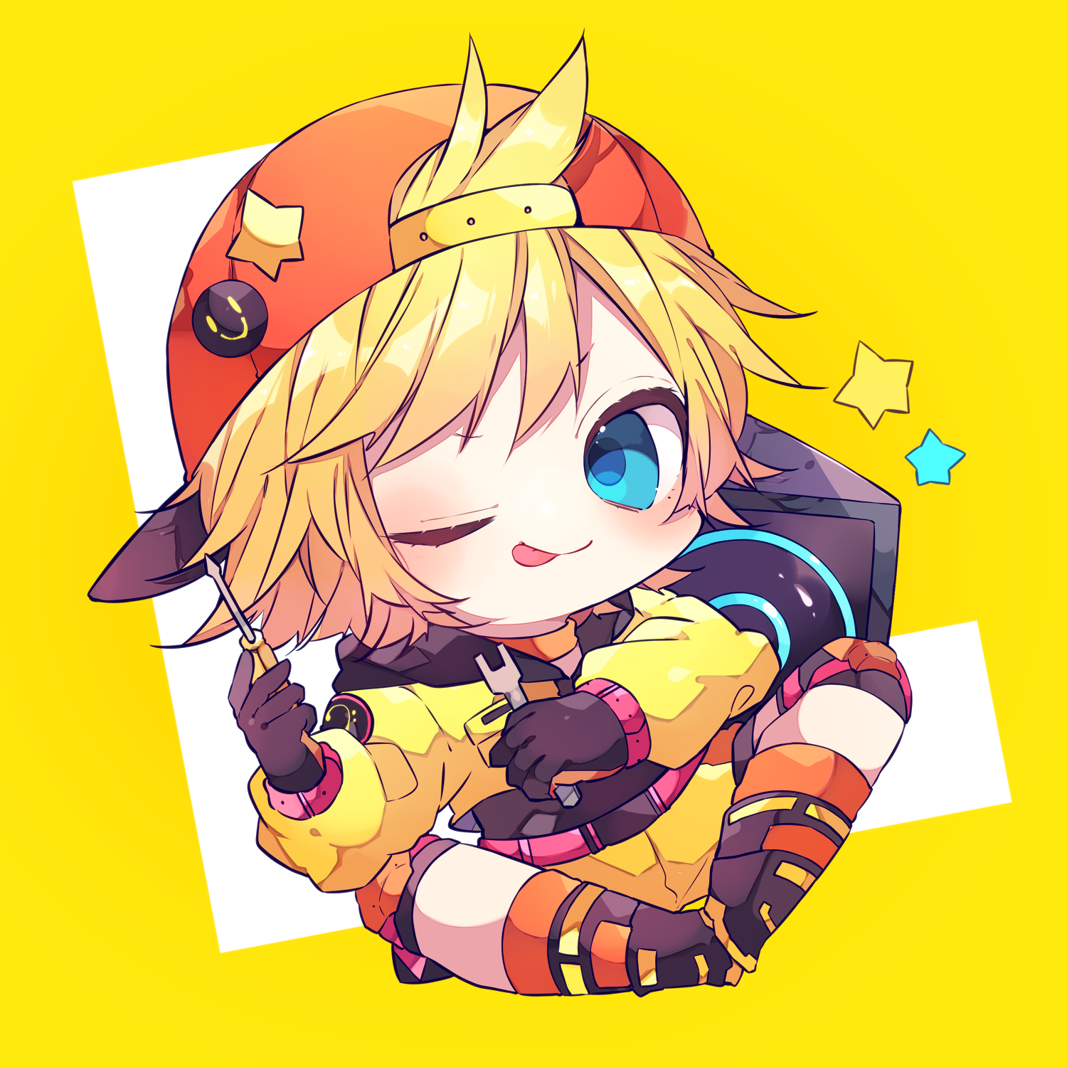 kaho 0102, kagamine len, vocaloid, commentary request, highres, 1girl, ;p, backwards hat, black boots, black gloves, blonde hair, boots, chibi, chibi only, closed mouth, full body, gloves, hat, holding, holding screwdriver, holding wrench, jacket, long sleeves, looking at viewer, one eye closed, orange hat, orange socks, screwdriver, short hair, shorts, smile, socks, solo, tongue, tongue out, wrench, yellow jacket, yellow shorts