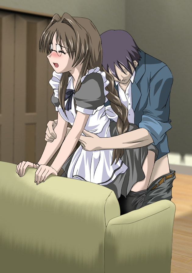 hitotose chitose, ichimonji mutsuki, happy lesson, 00s, 1boy, 1girl, blush, clothed sex, clothes pull, doggystyle, from behind, glasses, hetero, maid, pantyhose, pantyhose pull, sex, sex from behind