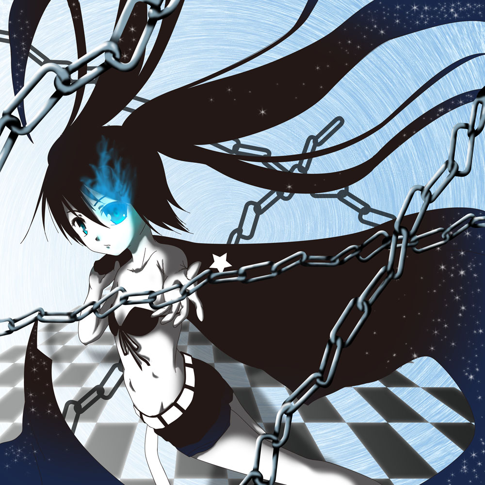 usa ooyake, usakou, black rock shooter (character), hatsune miku, black rock shooter, vocaloid, 10s, 1girl, black hair, blue eyes, chain, female focus, long hair, midriff, monochrome, shorts, solo, twintails