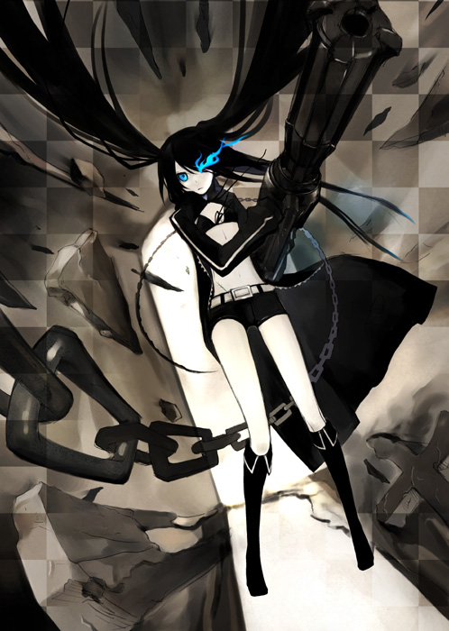 sakumi, black rock shooter (character), black rock shooter, 10s, 1girl, arm cannon, black hair, blue eyes, chain, female focus, gun, long hair, midriff, monochrome, shorts, solo, spot color, twintails, weapon