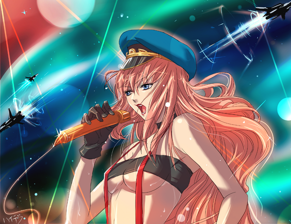 makisige, sheryl nome, macross, macross frontier, 00s, hat, microphone, neon lights, peaked cap, pink hair, solo, suspenders